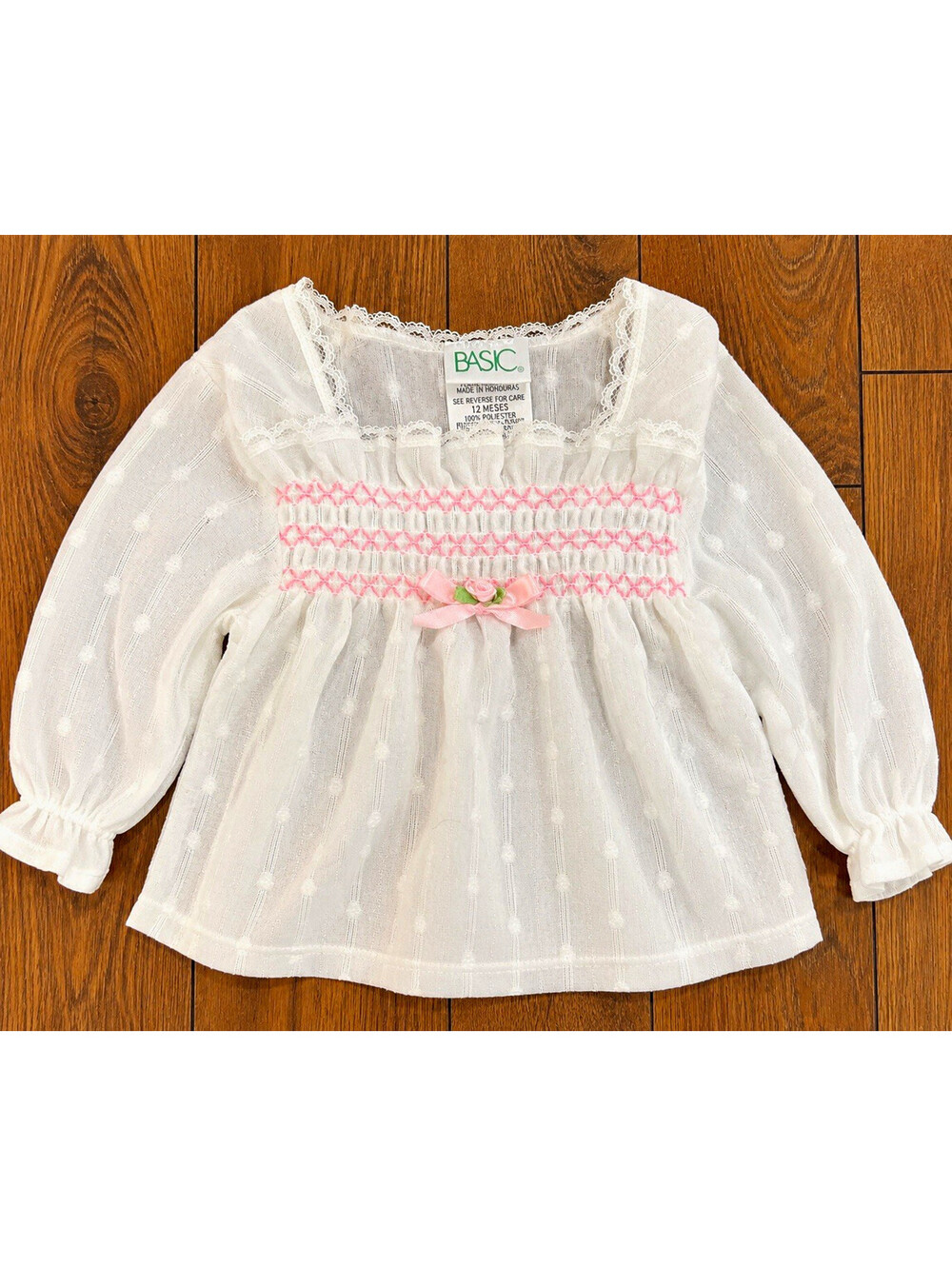 Simply Basic Girls White/Pink Smocked Puff Long Sleeve Square Neck Top 12months